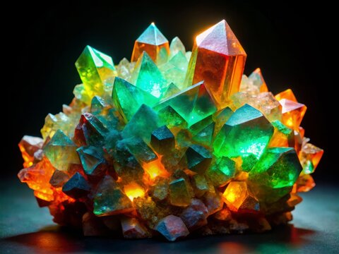 Vibrant, crystal formations of adamite mineral specimens glow with an otherworldly light, showcasing a mesmerizing