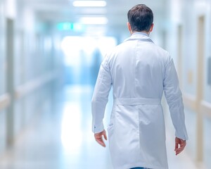 Fototapeta premium A male doctor in a white coat walking down a hospital corridor,