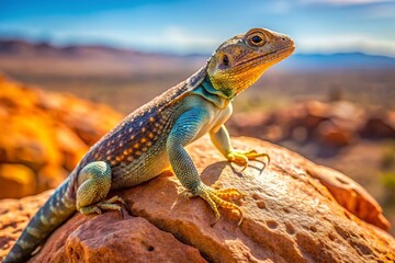 Fototapeta premium Vibrant desert lizard perches on a rocky outcropping, basking in the warm sunlight, its scaly skin glistening with