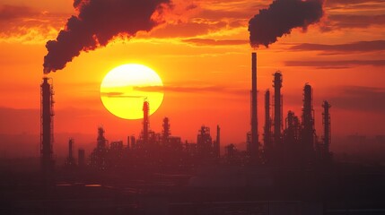 Fototapeta premium Oil refinery stands tall against the backdrop of a setting sun, a testament to the bustling petrochemical industry.