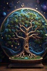 Fototapeta premium A cosmic tree of life towering majestically against a backdrop of swirling galaxies and stars, its branches intertwined with constellations and planets. This awe-inspiring painting features intricate 