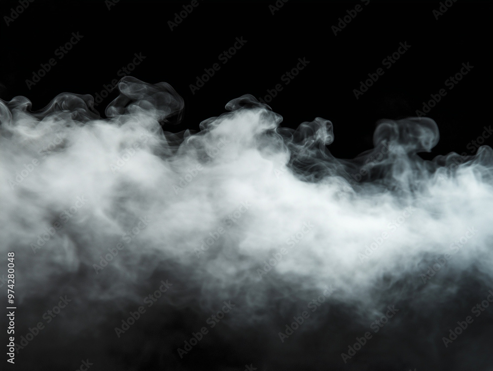 Wall mural Isolated Dry Ice Smoke Cloud with Swirling White Vapors, Perfect for Creating Atmospheric Scenes with Elements of Fog, Mist, and Light. Black Background