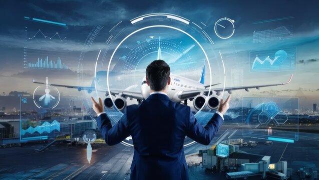 Businessman Managing Futuristic Aircraft Interface
