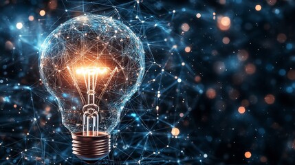 New ideas can change the world. A light bulb and a brain inside a network of connections represent innovation. This technology is used in science and industry.