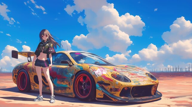 Anime Girl Standing Beside Colorful Itasha Sports Car