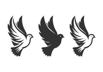 Dove silhouettes icon set. Black silhouette set of pigeons. Vector flying doves 