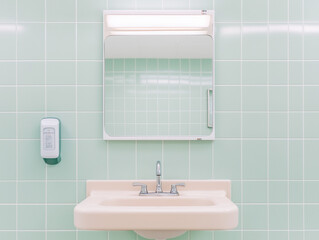 A clean school bathroom with a modern sink, soap dispenser, and mirror 