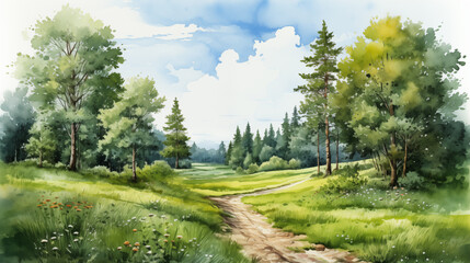 Naklejka premium watercolor green field landscape background with trees and blue sky.
