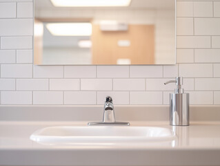 A clean school bathroom with a modern sink, soap dispenser, and mirror