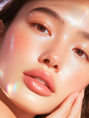 A close-up of the face, featuring an Asian woman with brown hair and light makeup