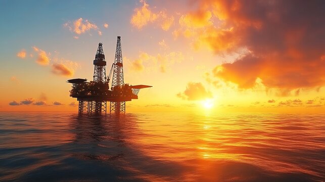 Offshore drilling with a jack-up rig, captured at sunset.