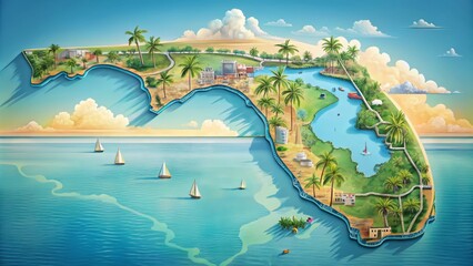 Vibrant digital illustration of Florida's outline, showcasing major cities, roads, and geographical features,