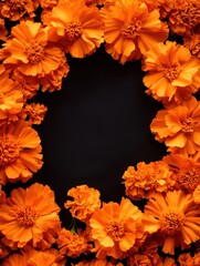 A black background with a large orange flower arrangement