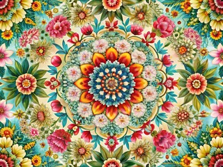 Vibrant, eclectic mix of vintage floral patterns, geometric shapes, and whimsical illustrations creates a kaleidoscope