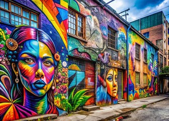Vibrant, eclectic street art adorns a gritty urban wall, featuring intricate murals, colorful tags, and abstract shapes