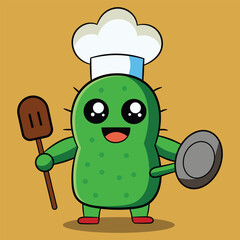 Vector cute cartoon cactus chef character holding pan and spatula style illustration
