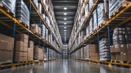 Fototapeta premium Expansive Warehouse Interior with Towering Shelves and Boxes