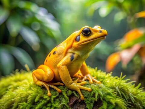Vibrant, endangered Panamanian golden frog perches on moss-covered stone, its bright yellow skin glistening with dew,