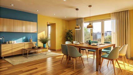 Fototapeta premium Modern interior design of apartment, empty living room with blank blue wall, dining room with table and chairs, interior background, 3d rendering 