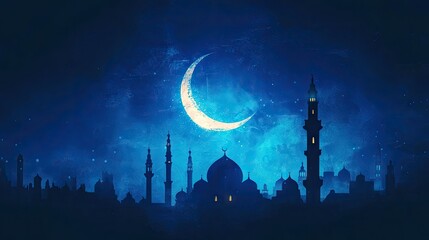 Dark blue Ramadan Eid wallpaper with a crescent moon and mosque silhouette, ideal for festive Islamic celebrations and cultural visuals.