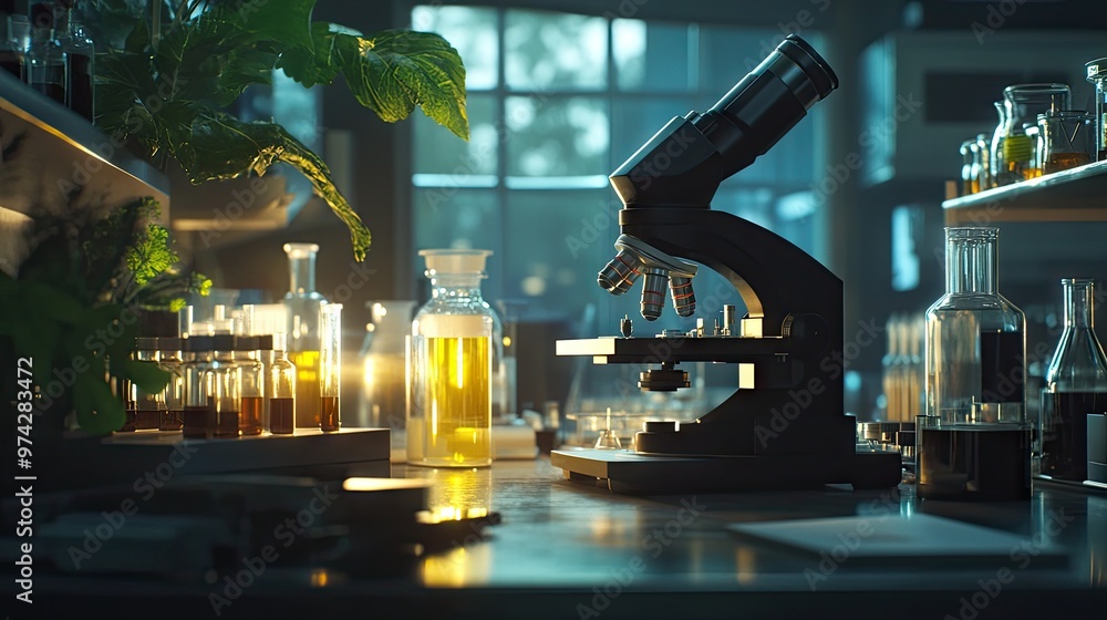 Aufkleber dark lab setting with a microscope focused on microbes, perfect for highlighting cutting-edge microb