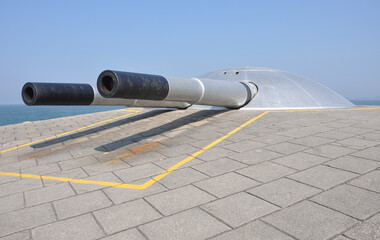 War cannons of the concrete fortification, consisting of a 308 mm battery dome. This tower is part of the defense complex of Copacabana Fort, Rio de Janeiro - Brazil