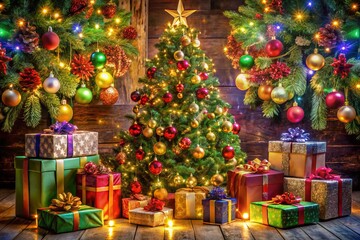Vibrant festive scene featuring a whimsical Christmas tree surrounded by colorful gifts, ornaments, and sparkling
