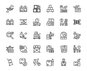 Simple air shipment or air cargo delivery service and related icon, airplane transportation and sending support concept, 48x48 pixel perfect, editable stroke for website, media, mobile application