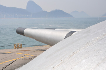 War cannons of the concrete fortification, consisting of a 308 mm battery dome. This tower is part of the defense complex of Copacabana Fort, Rio de Janeiro - Brazil