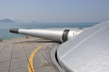 War cannons of the concrete fortification, consisting of a 308 mm battery dome. This tower is part of the defense complex of Copacabana Fort, Rio de Janeiro - Brazil