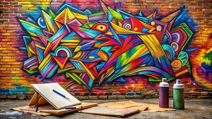 Vibrant graffiti artwork of abstract shapes and colorful tags covers a urban brick wall, with a spray can
