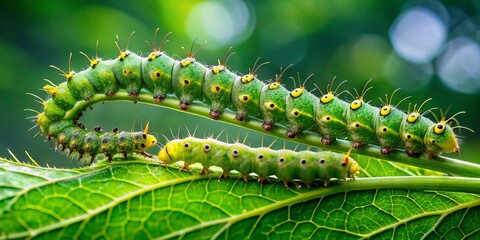 Naklejka premium Vibrant green caterpillars with tiny legs and antennae crawl along a fresh leaf, leaving trails of tiny holes,