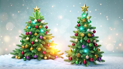 Vibrant green Christmas tree adorned with colorful ornaments, twinkling string lights, and topped with a shimmering
