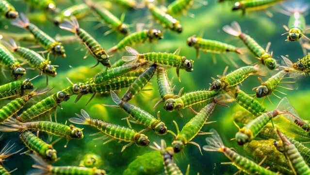 Vibrant green chironomid larvae, also known as toe biters, swim in a cluster near the surface of a