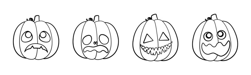 Jack O Lantern Outline Line Art Set. Cute Halloween Pumpkin Fall Autumn Doodle. Easy Coloring Book Page Activity For Kids.