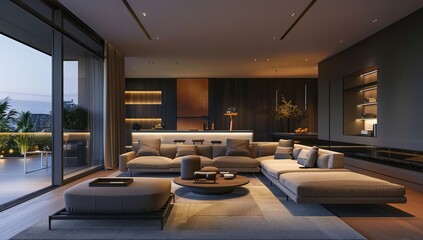 Naklejka premium Minimalist Style Modern Living Room Interior with Comfortable Furniture, a Serene Space for Relaxation