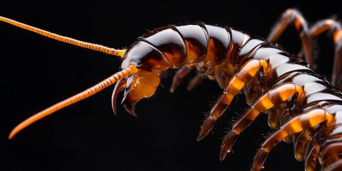 Macro image of a centipede's segmented body with detailed legs and antennae