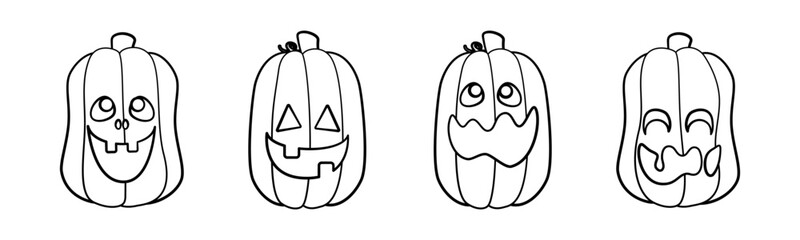 Jack O Lantern Outline Line Art Set. Cute Halloween Pumpkin Fall Autumn Doodle. Easy Coloring Book Page Activity For Kids.