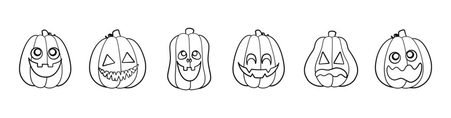 Jack O Lantern Outline Line Art Set. Cute Halloween Pumpkin Fall Autumn Doodle. Easy Coloring Book Page Activity For Kids.