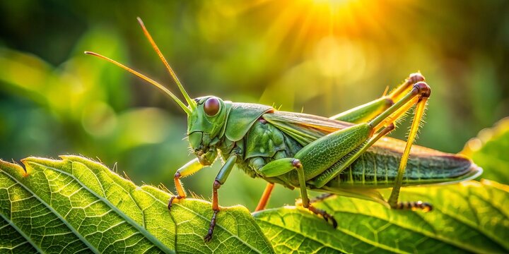Vibrant green grasshopper perched on a leaf, its mandibles open, showcasing its harmless yet intimidating bite,