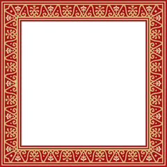 Vector square gold with red border, frame, Pompeii. Rectangle Neopolitan ornament. Art of Ancient Rome. Template for stained glass