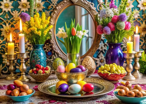 Vibrant Haft-Seen table setting with intricately designed mirror, flowers, and symbolic items, adorned with colorful