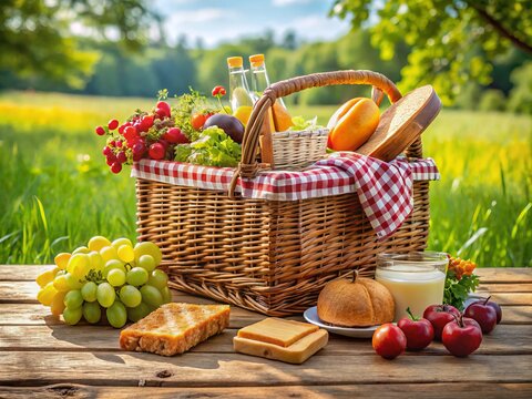 Vibrant, hand-crafted, woven wicker picnic basket overflowing with fresh fruit, cheese, and bread, set on a rustic