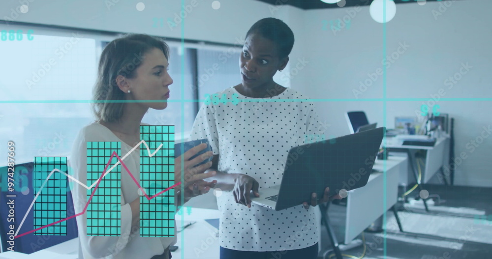 Poster image of financial data processing over diverse colleagues discussing work in office