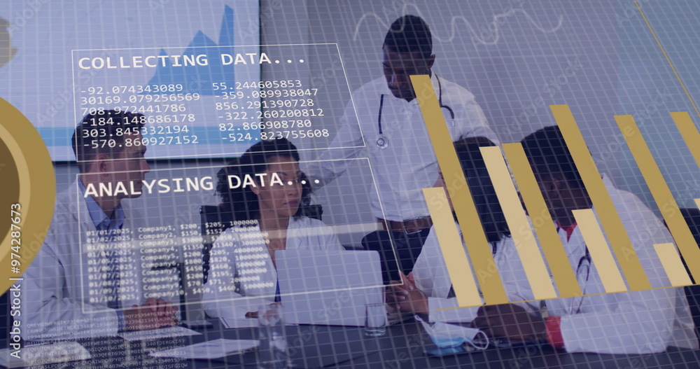 Poster image of diagrams and data processing over diverse doctors discussing work at meeting