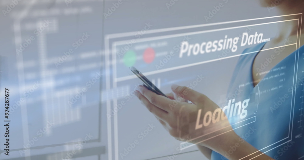 Poster processing data and loading image over woman using smartphone