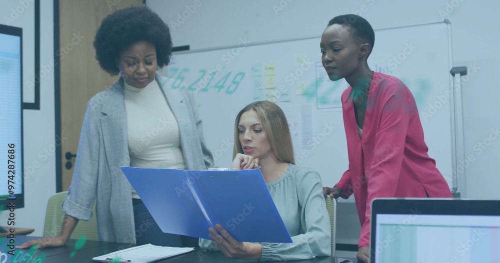 Sticker Image of financial data processing over diverse colleagues discussing work in office