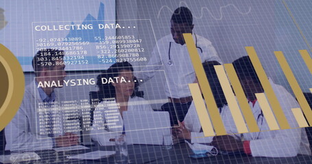 Image of diagrams and data processing over diverse doctors discussing work at meeting