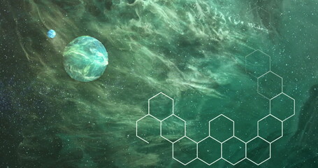 Obraz premium Image of hexagons over planets on sky with stars