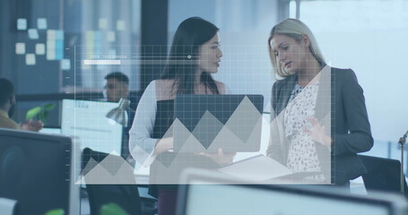 Image of financial data processing over diverse colleagues discussing work in office
